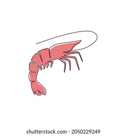 Single continuous line drawing of big shrimp for healthy seafood logo identity. Prawn mascot concept for farming cultivation icon. One line draw design vector graphic illustration