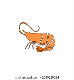 Single continuous line drawing of big shrimp for healthy seafood logo identity. Prawn mascot concept for Chinese restaurant icon. One line draw graphic design vector illustration