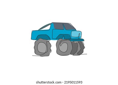 Single continuous line drawing of big monster truck in competition. Contest ride vehicle concept. Trendy one line draw graphic design vector illustration