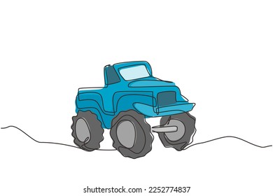 Single continuous line drawing big monster truck. Cartoon funny style. Side view. Extreme automobile. Auto in flat design. Childrens toy monster truck. One line draw graphic design vector illustration