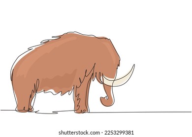 Single continuous line drawing big mammoth business logo identity. Prehistoric animal from ice age. Elephantidae, tusks, elephant species. Dynamic one line draw graphic design vector illustration