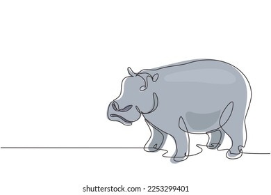 Single continuous line drawing big cute hippopotamus for company logo identity. Huge wild hippo animal mascot concept for national safari zoo. Dynamic one line draw graphic design vector illustration