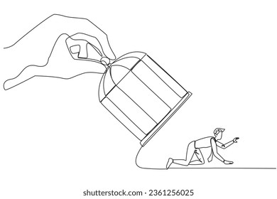 Single continuous line drawing big hand holds the cage want to catch crawling businessman. Losing streak. Lost on all fronts. Helpless businessman. Loss. Bankrupt. One line design vector illustration