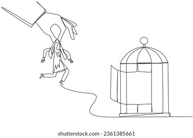 Single continuous line drawing big hand holding Arab businesswoman and want put in a cage. Trapping roughly. Beating business opponent by cheating. Unfair business. One line design vector illustration