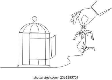 Single continuous line drawing big hand holding Arab businessman   want put in cage  Trapping roughly  Beating business opponent by cheating  Unfair business  One line design vector illustration