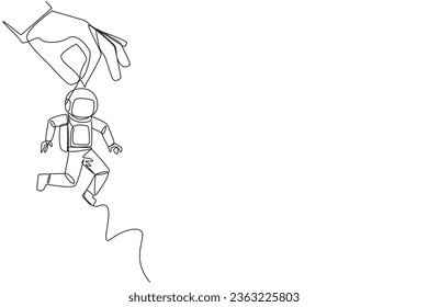 Single continuous line drawing big hand holding young astronaut. Workplace moving metaphor. Position transfer. Level up. Have bigger responsibilities. Successful. One line design vector illustration