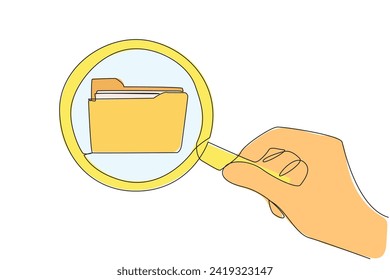 Single continuous line drawing big hand holding magnifying glass highlights the folder icon. Exploration. Tidying up the contents of the file. File management. One line design vector illustration