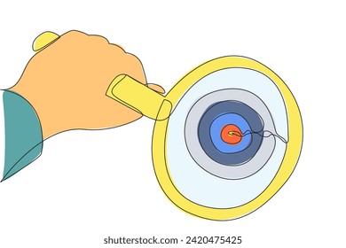 Single continuous line drawing big hand holding magnifying glass highlights the target arrow board. Concepts for learning focus. Chasing the target. Step by step. One line design vector illustration