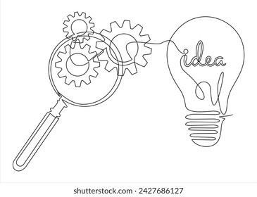 Single continuous line drawing big hand holding magnifying glass highlights lightbulb.idea search icon, magnifier with light bulb, creative vision