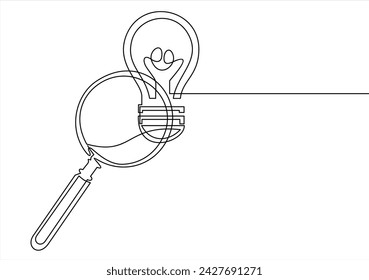 Single continuous line drawing big hand holding magnifying glass highlights lightbulb.idea search icon, magnifier with light bulb, creative vision