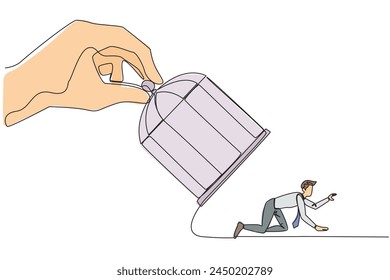 Single continuous line drawing big hand holds the cage want to catch crawling businessman. Losing streak. Lost on all fronts. Helpless businessman. Loss. Bankrupt. One line design vector illustration