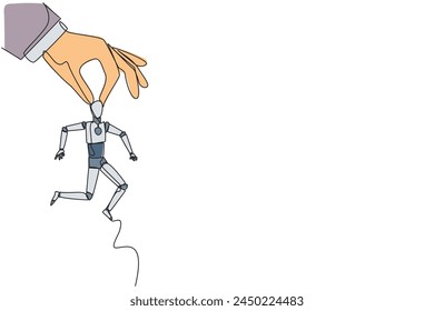 Single continuous line drawing big hand holding smart robotic. Workplace moving metaphor. Position transfer. Level up. Have bigger responsibilities. Successful. One line design vector illustration