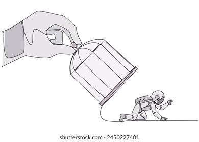 Single continuous line drawing big hand holds the cage want to catch crawling astronaut. Losing streak. Lost on all fronts. Helpless astronaut. Bankrupt. Spaceman. One line design vector illustration