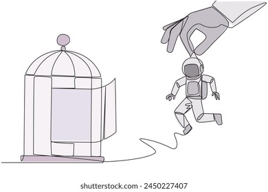 Single continuous line drawing big hands holding astronaut and want put in a cage. Trapping roughly. Beating a business opponent by cheating. Unfair business. One line design vector illustration