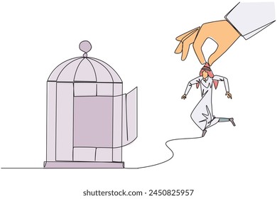 Single continuous line drawing big hand holding Arab businessman and want put in a cage. Trapping roughly. Beating a business opponent by cheating. Unfair business. One line design vector illustration