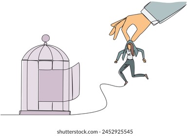 Single continuous line drawing big hands holding businesswoman and want put in a cage. Trapping roughly. Beating a business opponent by cheating. Unfair business. One line design vector illustration