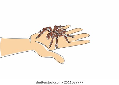 Línea continua única que dibuja la araña grande en la palma. Tarántula en la palma de la mano de un hombre valiente. Tarántulas para mascotas. Vida silvestre. Artrópodo. Guardar Nacional: un Día de la Araña. Ilustración vectorial de diseño de una línea