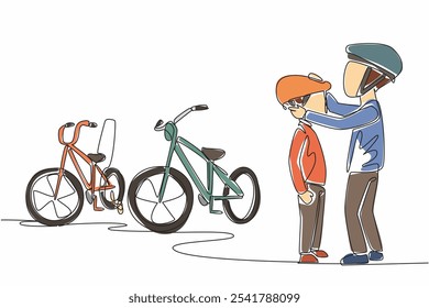 Dibujo de línea continua única Gran hermano ayuda a poner casco de bicicleta en su hermano pequeño. Rasgos encomiables. Los miembros de la familia se aman. Día Nacional de los Hermanos. Ilustración vectorial de diseño de una línea