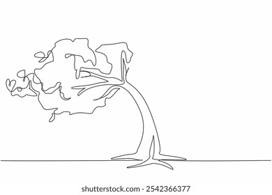 Una sola línea continua dibujando un gran árbol inclinado en el fuerte viento. Las hojas también caen. Rachas de viento muy fuertes. Alerta de desastres naturales. Día Nacional del Viento Grande. Ilustración vectorial de diseño de una línea