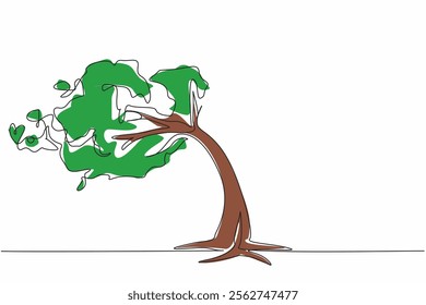 Single continuous line drawing a big tree tilted in the strong wind. The leaves also fall. Very strong gusts of wind. Natural disaster alert. National Big Wind Day. One line design vector illustration