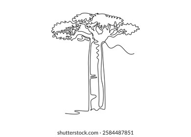 Single continuous line drawing big sturdy baobab tree. Decorative gigantic historical tree for national park logo. Home wall art decor poster. Dynamic one line draw graphic design vector illustration