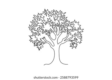 Single continuous line drawing big beauty and exotic maple tree. Decorative acer pseudoplatanus plant concept for national park logo template. Dynamic one line draw graphic design vector illustration