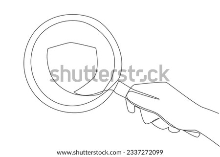 Single continuous line drawing of big hand holding magnifying glass highlights the shield. The concept of seeking refuge. Both for personal and family. Data protection. One line vector illustration