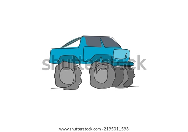 Single continuous line drawing of big\
monster truck in competition. Contest ride vehicle concept. Trendy\
one line draw graphic design vector\
illustration