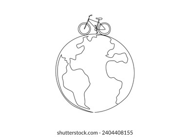 Single continuous line drawing bike on a globe. Vehicles without harmful exhaust gases. Environmentally friendly vehicle. Healthy vehicle. World environment day. One line design vector illustration