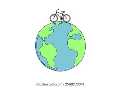 Single continuous line drawing bike on a globe. Vehicles without harmful exhaust gases. Environmentally friendly vehicle. Healthy vehicle. World environment day. One line design vector illustration