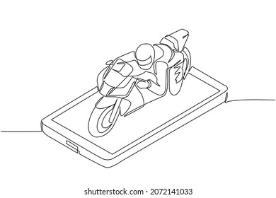 Single continuous line drawing biker wearing helmet, riding motorcycle on smartphone screen. Man in racer overalls and helmet sitting on sports bike. One line draw graphic design vector illustration