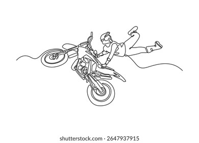 Single continuous line drawing biker acrobatic jump at the trial show executes an extreme maneuver, showcasing remarkable balance and daring expertise. One line draw graphic design vector illustration