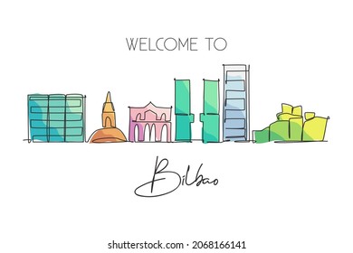 Single continuous line drawing of Bilbao city skyline, France. Famous skyscraper landscape postcard. World travel home wall decor poster print concept. Modern one line draw design vector illustration