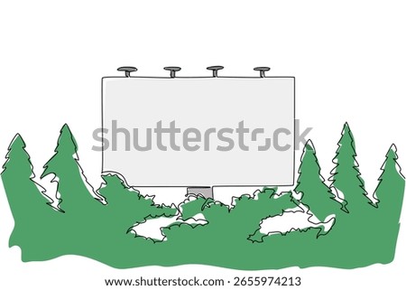 Single continuous line drawing billboard with most of its pole covered by trees. Installation of billboards based on habits of most people. National Billboard Day. One line design vector illustration