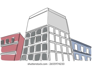 Os painéis de desenho de linha única contínua são anexados em ângulos retos ao edifício. Grande outdoor no movimentado centro da cidade. Anunciar. Dia Nacional da Billboard. Ilustração de vetor de design de uma linha