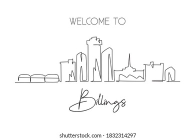 Single continuous line drawing of Billings skyline, Montana. Famous city scraper landscape. World travel home wall decor art poster print concept. Modern one line draw design vector illustration