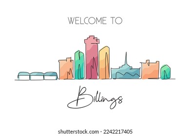 Single continuous line drawing of Billings skyline, Montana. Famous city scraper landscape. World travel home wall decor art poster print concept. Modern one line draw design vector illustration