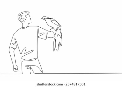 Single continuous line drawing bird of paradise perched on hand of man. Admiring the beauty of its feathers up close. Fascinated. Eye catching. Man Holding Bird. One line design vector illustration