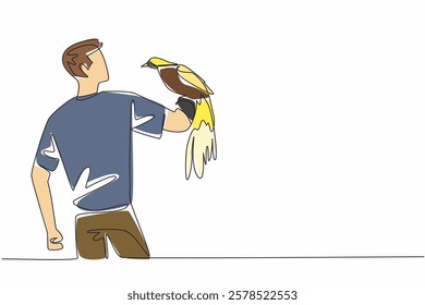 Single continuous line drawing bird of paradise perched on hand of man. Admiring the beauty of its feathers up close. Fascinated. Eye catching. Man Holding Bird. One line design vector illustration