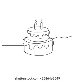 Single continuous line drawing of birthday cake with candles party anniversary and celebration concept outline design illustration