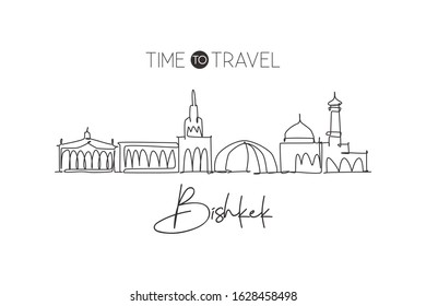 Single continuous line drawing of Bishkek skyline, Kyrgyzstan. Famous city scraper landscape. World travel concept postcard print art. Editable stroke modern one line draw design vector illustration
