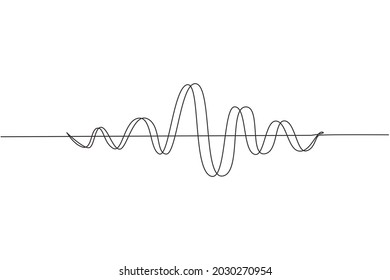 Una línea continua dibujando ondas de sonido negras. Frecuencia de audio musical, forma de onda de línea de voz, señal de radio electrónica, símbolo de nivel de volumen. Olas de radio de curva vectorial. Diseño gráfico de trazos de una línea