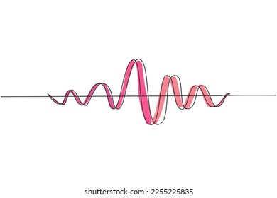 Una línea continua dibujando ondas de sonido negras. Frecuencia de audio musical, forma de onda de línea de voz, señal de radio electrónica, símbolo de nivel de volumen. Olas de radio de curva vectorial. Diseño gráfico de trazos de una línea