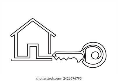 Single continuous line drawing black flat style key and house icon shape. Elegant key house logo design, real estate logo icon symbol design vector template. One line draw graphic design illustration