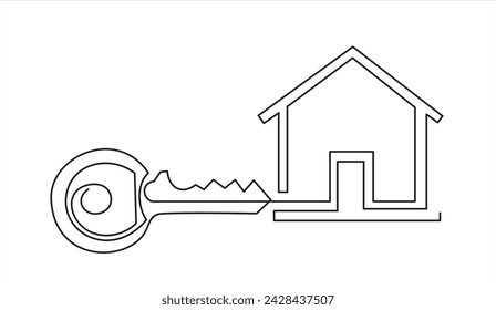 Una sola línea continua que dibuja la llave plana negra y la forma del icono de la casa. Elegante diseño de logotipo de la casa de llaves, plantilla de vector de diseño de símbolo de logotipo de bienes raíces. Una línea dibuja ilustración de diseño gráfico
