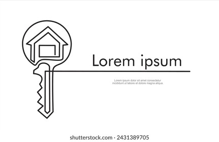 Single continuous line drawing black flat style key and house icon shape. Elegant key house logo design, real estate logo icon symbol design vector template. One line draw graphic design illustration