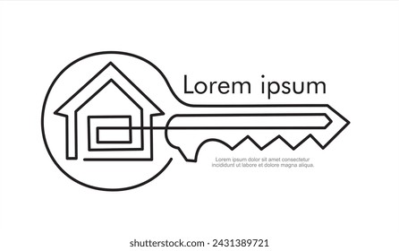 Single continuous line drawing black flat style key and house icon shape. Elegant key house logo design, real estate logo icon symbol design vector template. One line draw graphic design illustration