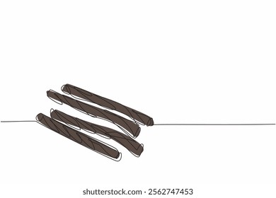 Single continuous line drawing black licorice candy sticks. Sweet snacks that contain antioxidants. Rope-like pattern. Delicious and healthy. National Licorice Day. One line design vector illustration