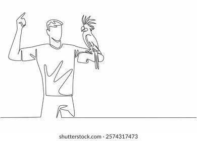 Single continuous line drawing black cockatoo bird perched on hand of man. Cockatoos originate from Australia. Migratory birds. Gentle bird. Man Holding Bird. One line design vector illustration