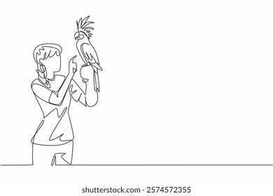 Single continuous line drawing black cockatoo bird perched on hand of woman. Has high pitched voice and charming appearance. Eucalyptus lover. Woman Holding Bird. One line design vector illustration